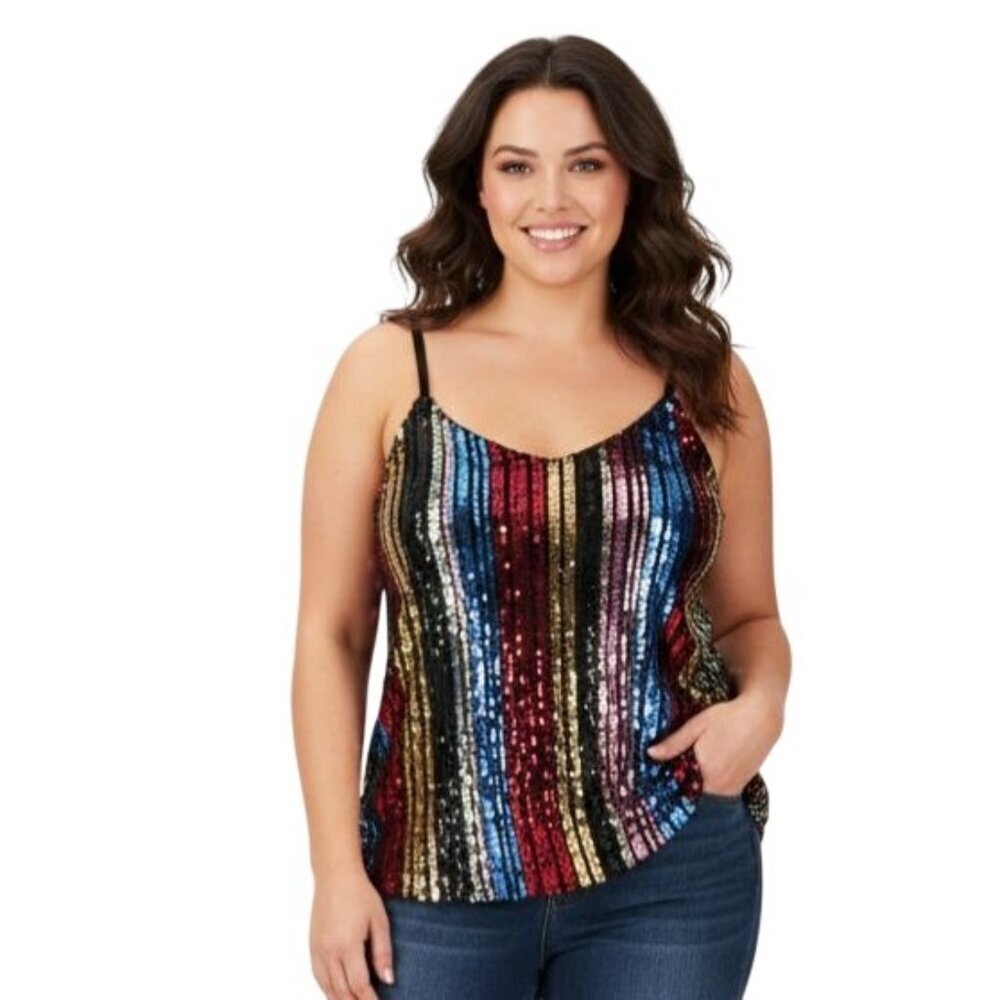 INC Internation Concept NWT Plussize Sequin Tank Top Multicolor Stripes Size 3X